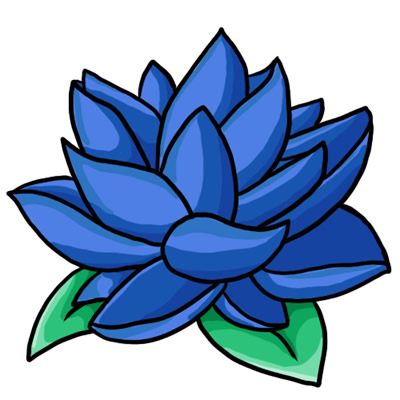 A stylized blue lotus flower with layered petals and two green leaves, illustrated in bold outlines and vibrant colors.