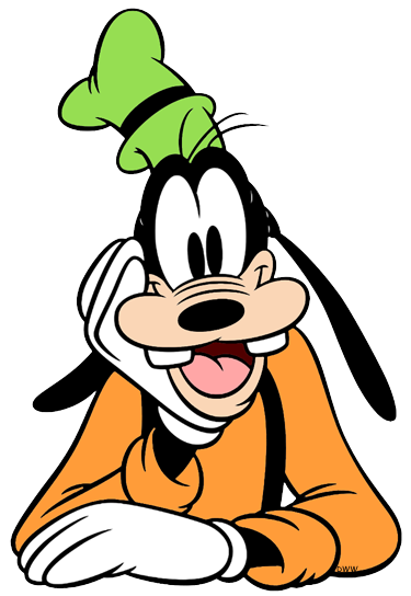 Goofy, Disney character in orange shirt and green hat, smiling with hand on cheek.