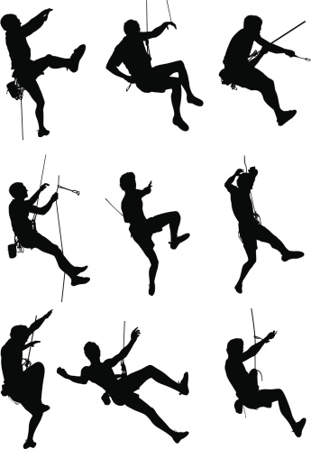Nine black silhouettes of climbers in dynamic rope-assisted poses against white background.