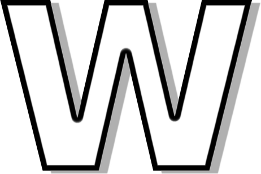 Bold black uppercase letter W with gray drop shadow on white background.