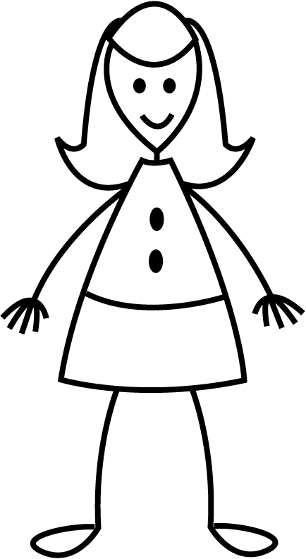 Simple black-and-white stick figure drawing of a smiling girl with long hair, dress, and button details.
