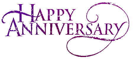 Elegant purple "Happy Anniversary" text with decorative swirls on white background.