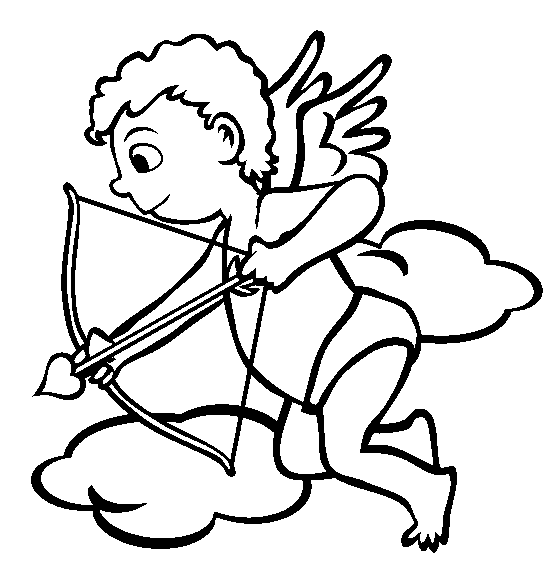 Cherubic Cupid with wings, bow, and heart-tipped arrow, poised mid-flight on a cloud.