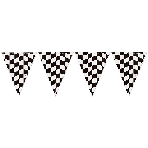 Black and white checkered flag bunting for racing-themed parties or decorations.