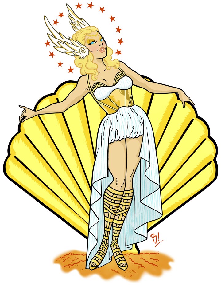 A stylized pin-up goddess with golden wings, stars, and a seashell backdrop, wearing a white and gold outfit with gladiator sandals.
