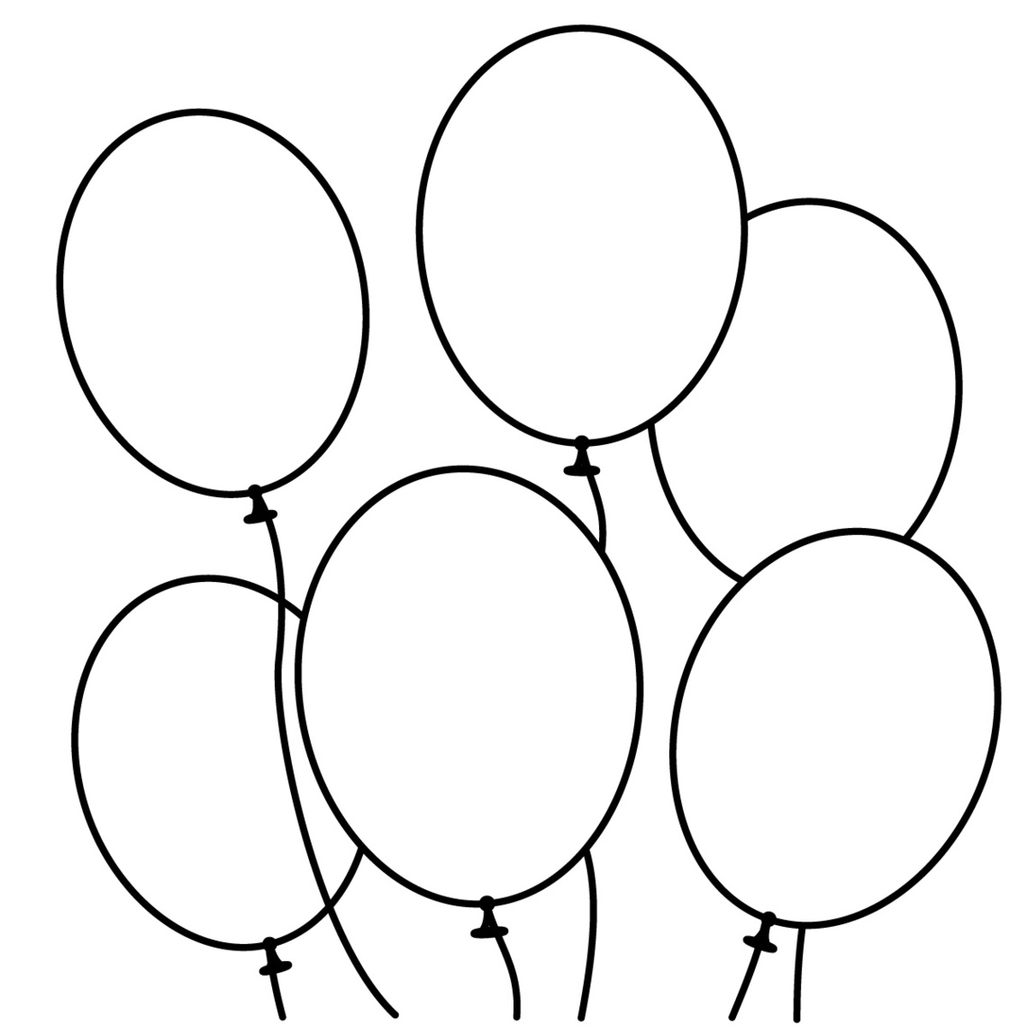 Six simple black-and-white line-drawn balloons clustered together, each with a tied string.