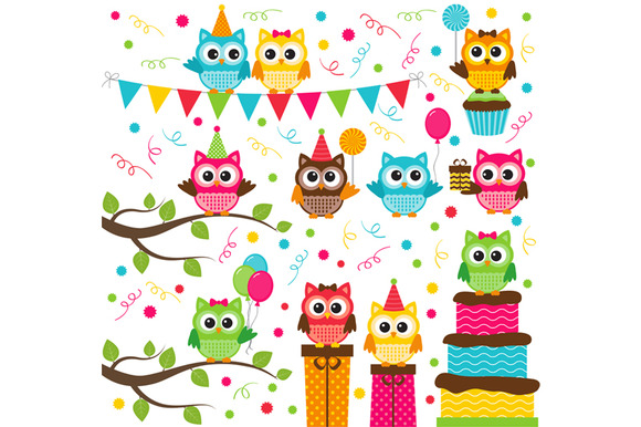 Colorful cartoon owls celebrating with party hats, balloons, banners, and cakes on branches and gifts.