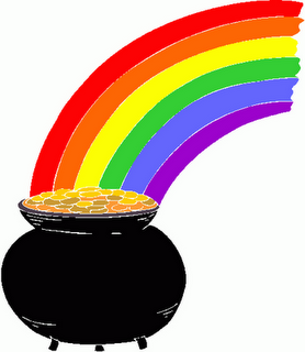 A black cauldron overflowing with gold coins beneath a vibrant rainbow arch.