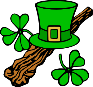 Green leprechaun hat with gold buckle, brown branch, and two four-leaf clovers on white background.