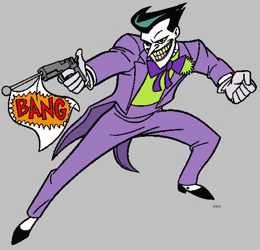 Joker in purple suit holding a gun with "BANG" flag, grinning maniacally in classic cartoon style.