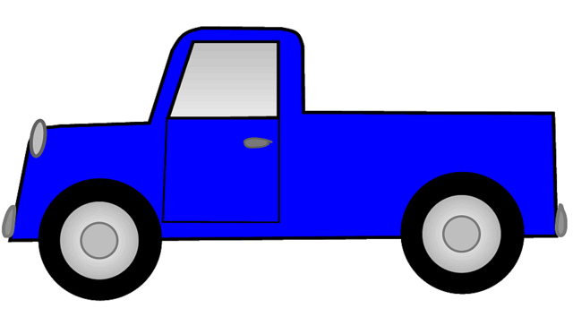 Blue cartoon-style pickup truck with black tires and silver rims, side view on white background.