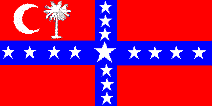 A red flag with a blue saltire bearing white stars and a canton with a white crescent and palmetto tree.