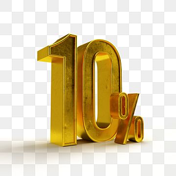 Golden 3D "10%" symbol on transparent background, representing a discount or percentage offer.