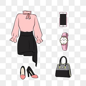 Illustrated women’s outfit with pink blouse, black asymmetrical skirt, heels, watch, phone, and handbag on transparent background.
