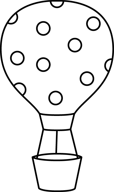 Black-and-white line drawing of a hot air balloon with polka-dot pattern and separated basket.