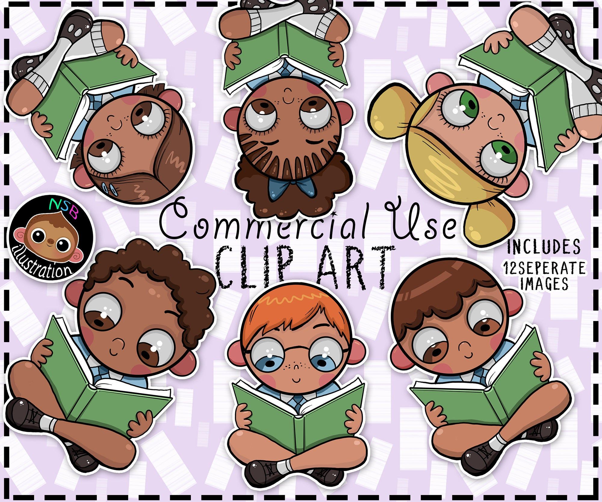 Diverse cartoon children reading green books; commercial-use clip art set with 12 separate images.