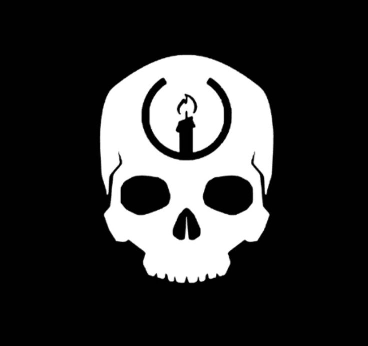 White skull with a candle inside a horseshoe on black background, symbolizing occult or esoteric themes.