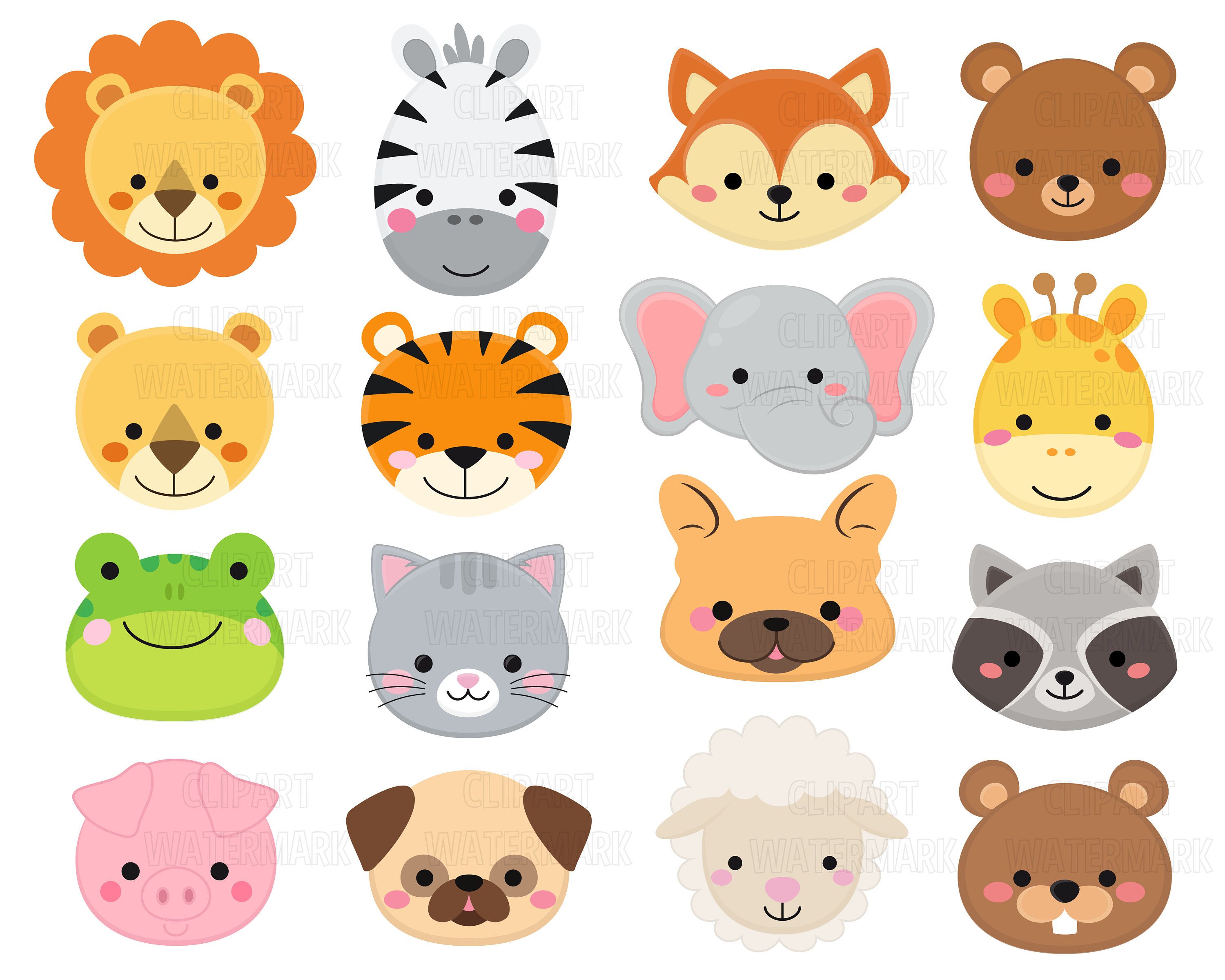 Cute cartoon animal faces including lion, zebra, fox, bear, tiger, elephant, giraffe, frog, cat, dog, pig, sheep, and raccoon.