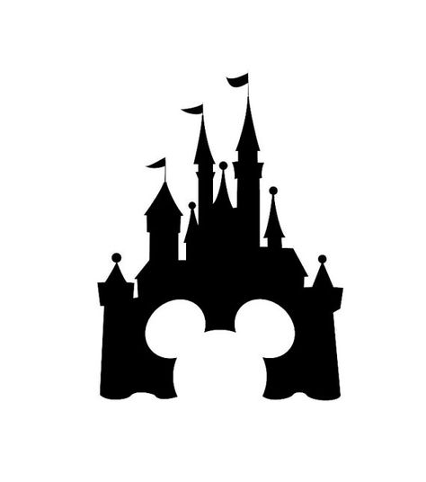 Silhouette of a fairy-tale castle with turrets and flags, featuring Mickey Mouse ears integrated into the base.