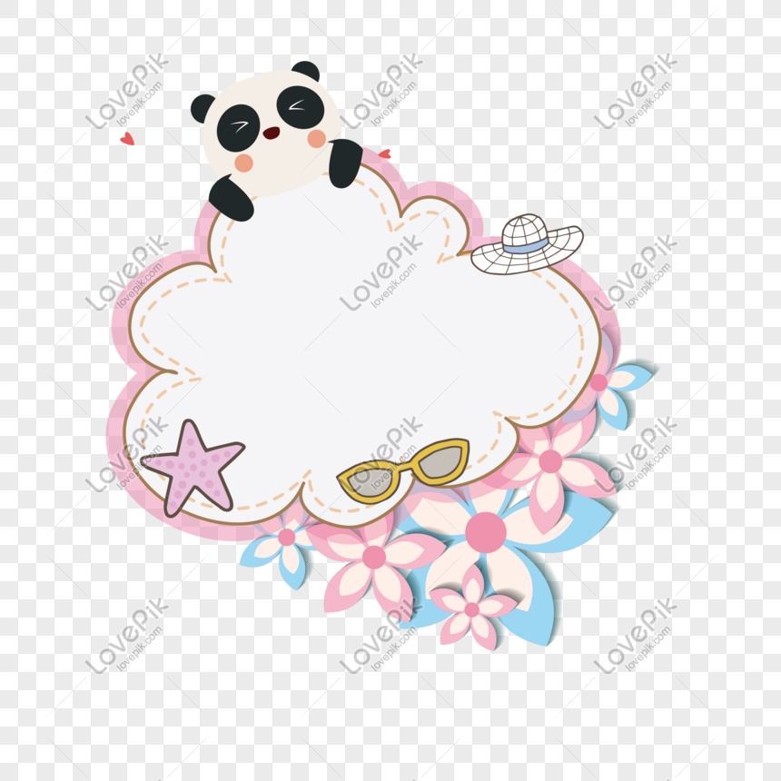 Cute panda peeking over a floral cloud-shaped frame with sunglasses, starfish, and hat decorations.
