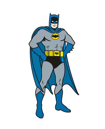 Classic Batman in gray suit, blue cape, yellow utility belt, and iconic bat symbol on chest.