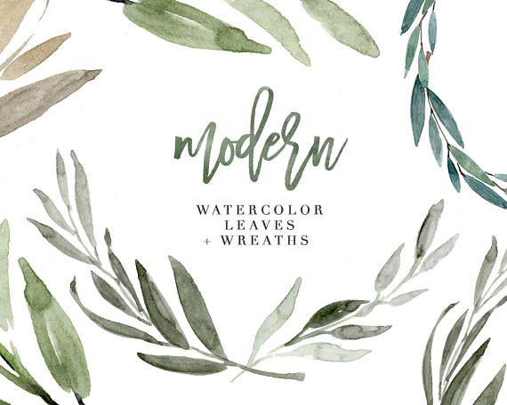 Modern watercolor leaf and wreath illustrations in soft green tones on white background.