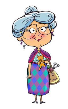 Cheerful elderly woman with blue hair, glasses, argyle dress, holding a knitted cat and yarn bag.
