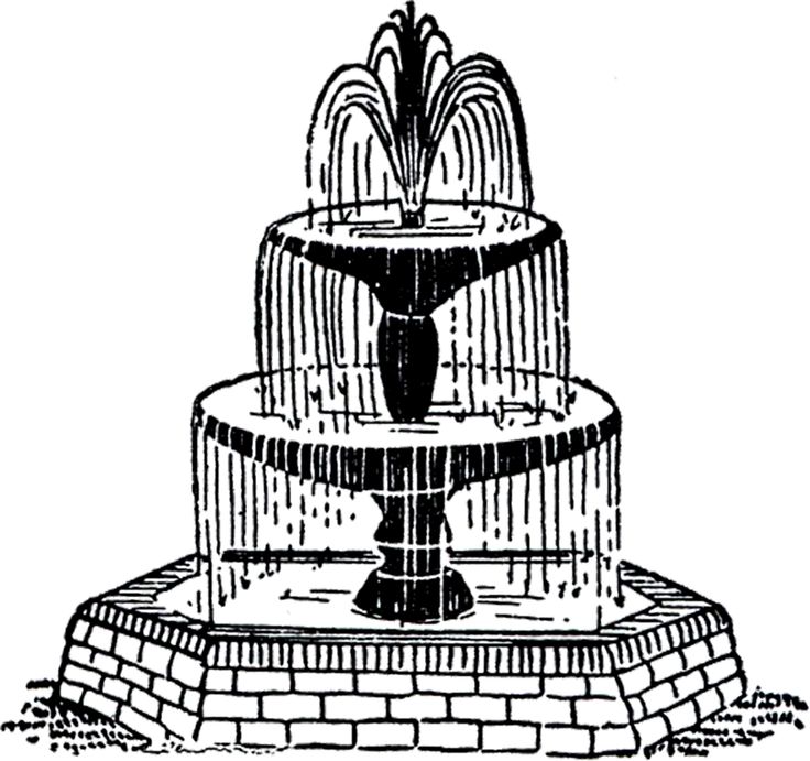 Black-and-white line drawing of a three-tiered ornamental fountain with cascading water and brick base.