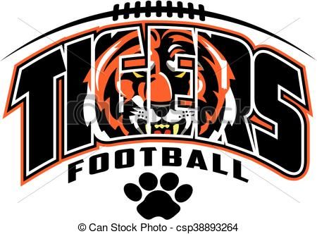Tigers Football logo featuring a fierce tiger head inside stylized "TIGERS" text, with paw print and football motif.