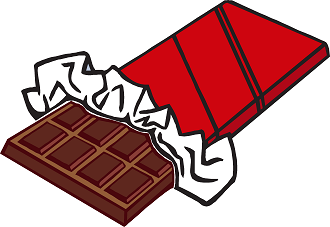 A red-wrapped chocolate bar partially unwrapped, revealing segmented dark chocolate squares.