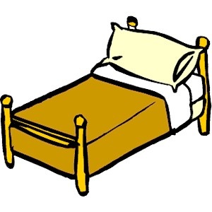 Simple cartoon-style wooden bed with yellow bedding and white pillow on a plain background.