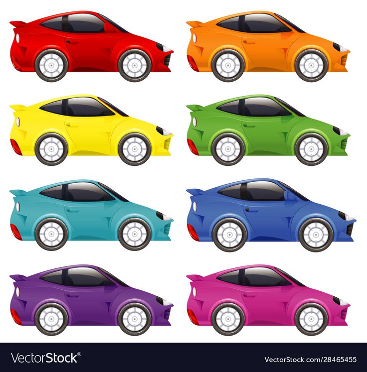 Eight colorful cartoon sports cars in red, orange, yellow, green, teal, blue, purple, and pink, shown in side profile on white background.