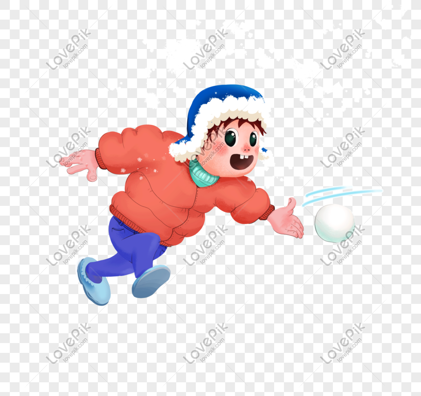 A joyful child in a red coat and blue hat throws a snowball mid-run, with snowflakes falling around.