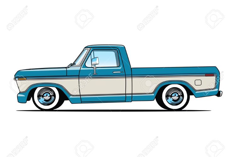 Classic 1970s blue and cream Ford F-100 pickup truck illustration in side profile.