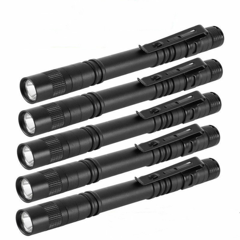 Five black compact pen-style flashlights with clip attachments, arranged diagonally on white background.