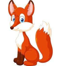 Cute cartoon red fox sitting upright with large blue eyes and fluffy white-tipped tail.