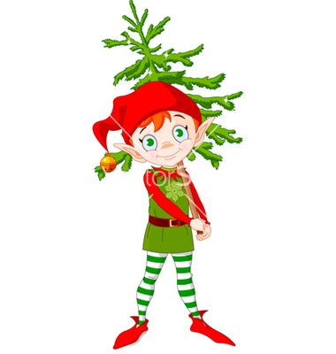 Cheerful Christmas elf in red hat and green outfit holding a small pine tree with ornaments.