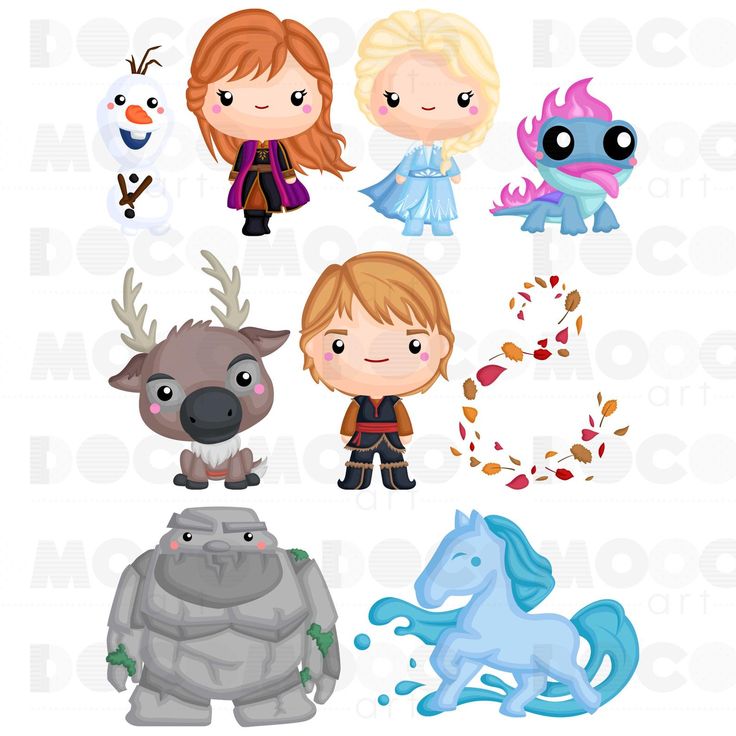 Chibi-style Disney Frozen characters including Anna, Elsa, Olaf, Sven, Kristoff, Marshmallow, Nokk, and Bruni the salamander.
