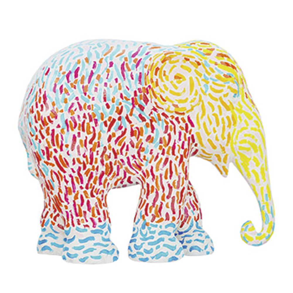 Colorful abstract elephant sculpture with vibrant swirling patterns in yellow, pink, orange, blue, and white.