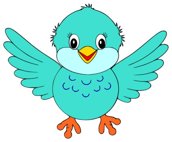 Cute cartoon turquoise bird with spread wings, yellow beak, and orange feet.