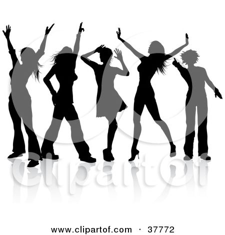 Silhouettes of five people dancing energetically with arms raised against a white background.