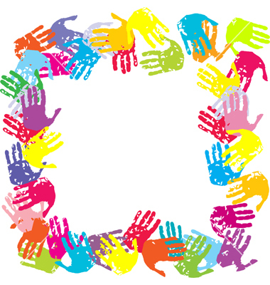 Colorful handprints arranged in a circular frame, symbolizing unity, diversity, and community collaboration.