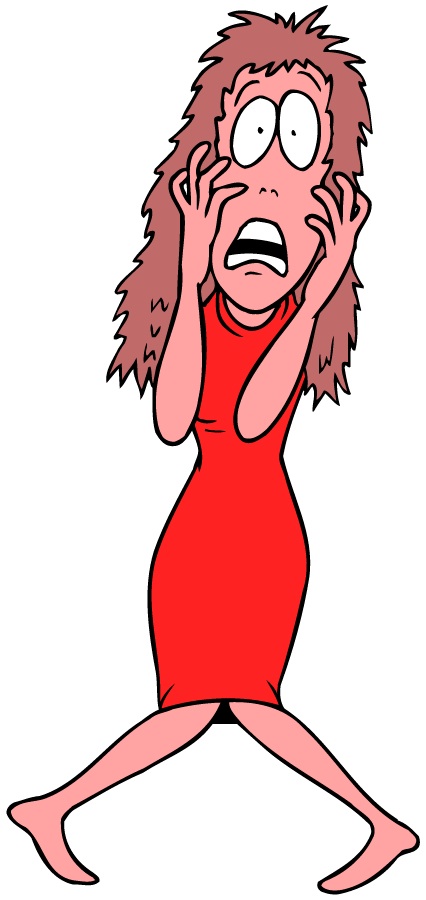 Cartoon woman in red dress screaming with hands on face, wide eyes, messy hair, exaggerated fear expression.