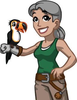A smiling woman with gray hair in a green tank top holds a toucan on her gloved hand.