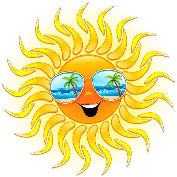 Cheerful cartoon sun wearing sunglasses reflecting a tropical beach with palm trees and ocean waves.