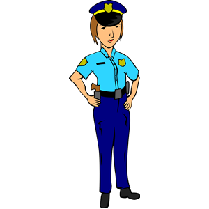 Cartoon female police officer in blue uniform with badge, hat, and sidearm, standing confidently with hands on hips.