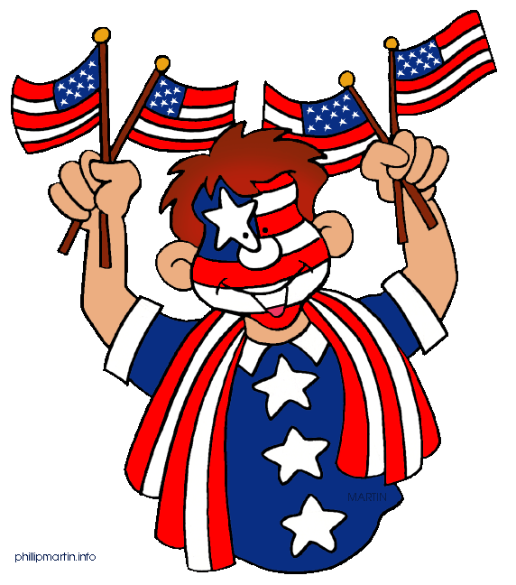 Patriotic cartoon boy with American flag face paint, stars-and-stripes scarf, and four U.S. flags raised in celebration.