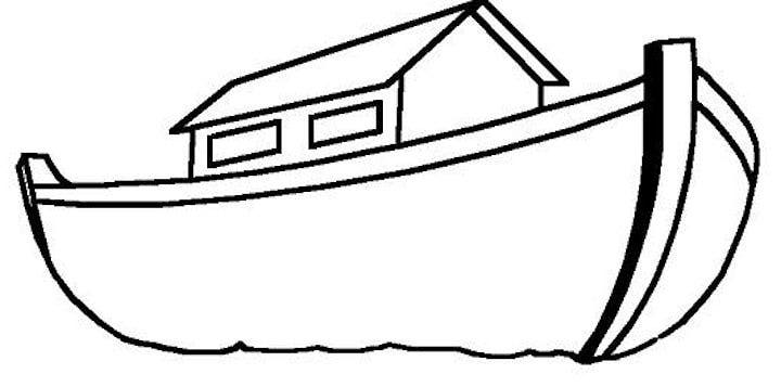 Simple line drawing of a boat with a house-like cabin, resembling Noah’s Ark.