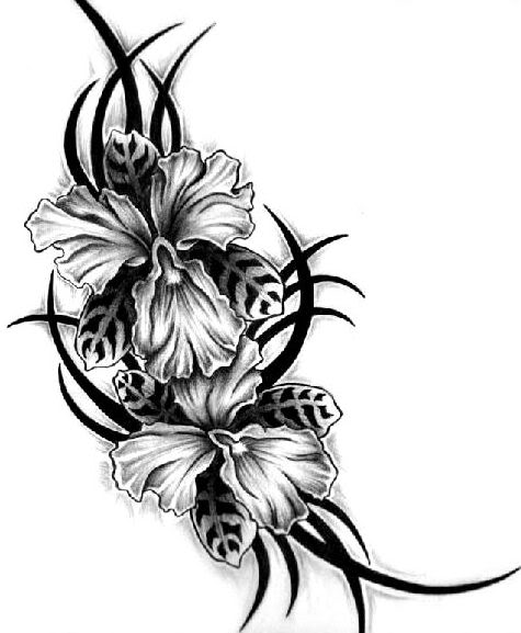 Black and white tribal-style iris flower tattoo design with flowing linework and shading.