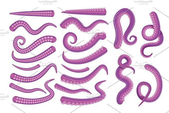 Collection of stylized purple octopus tentacles in various curled and extended poses on white background.